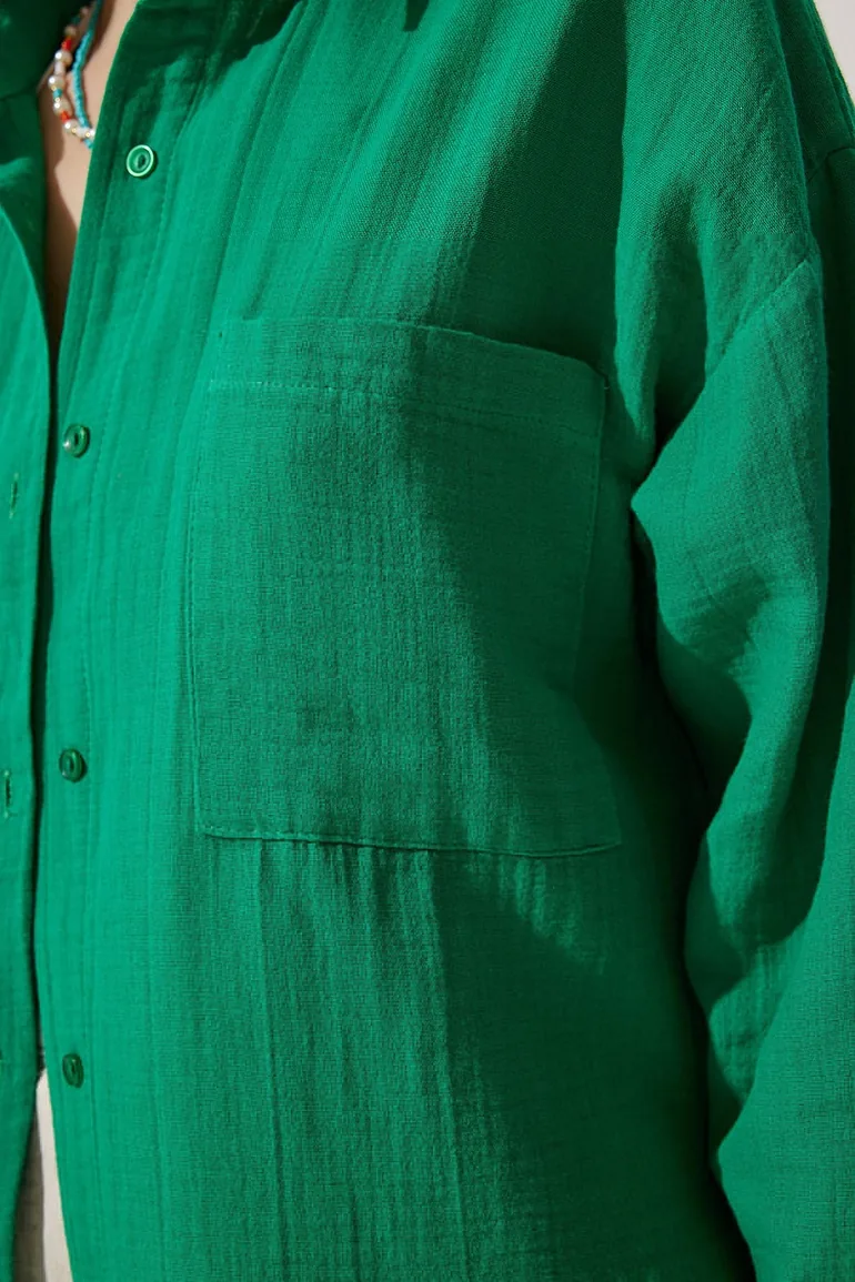 Women's Green Pocket Oversize Muslin Shirt - 3