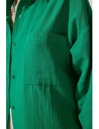 Women's Green Pocket Oversize Muslin Shirt - 3