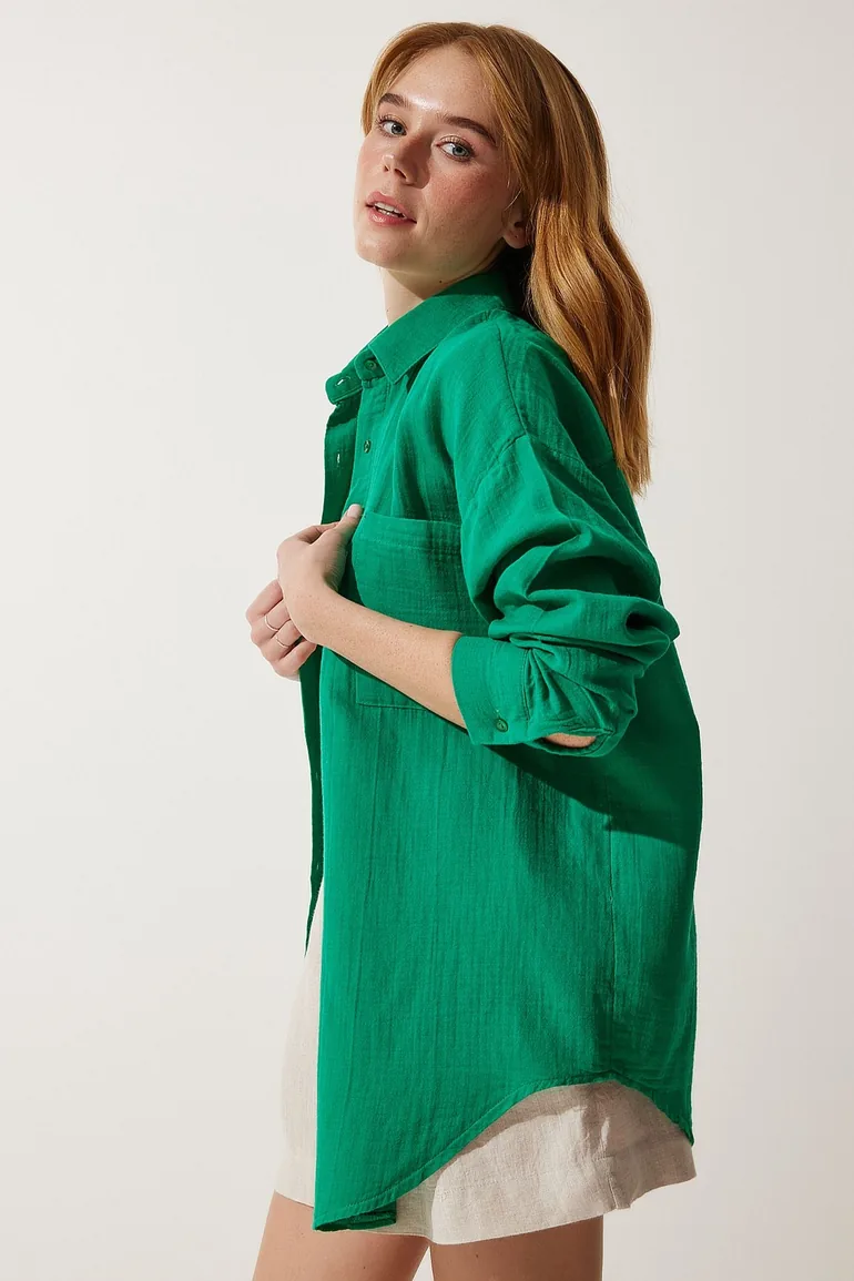 Women's Green Pocket Oversize Muslin Shirt - 2