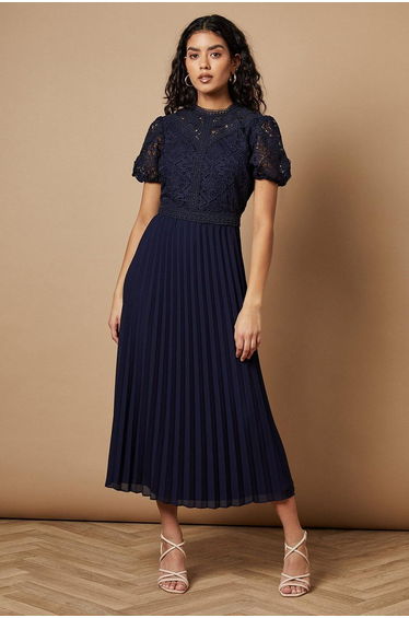Petite Lace Puff Sleeve Pleated Midi Dress