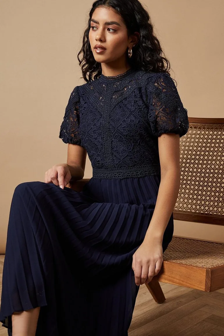 فستان ميدي دانتيل بكسرات بأكمام منفوخة - للمقاسات الصغيرة - 1