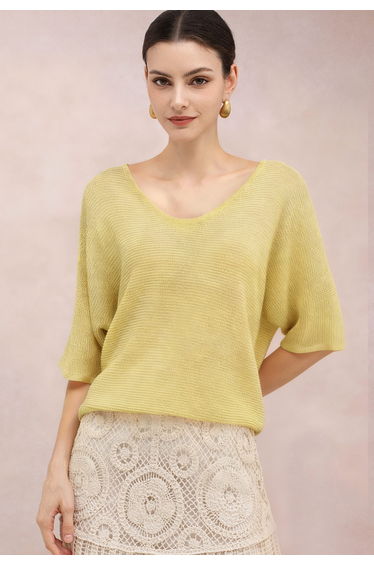 Relaxed V-Neck Cutout Back Textured Knit Top in Lime for Daily Wear & Getaways