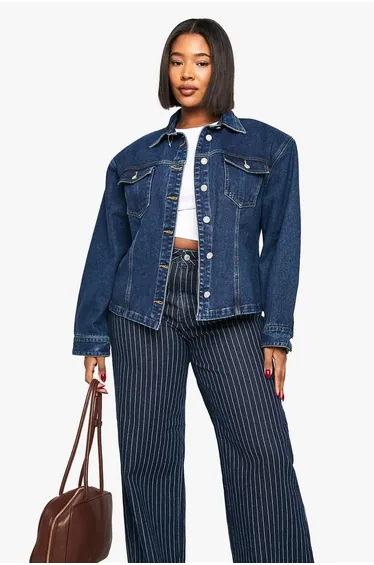 Plus Shoulder Pad Detail Denim Jacket - indigo