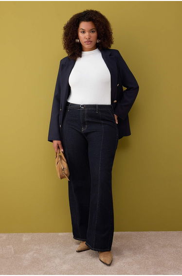 Dark Blue High Waist Belted Wide Leg Denim Plus Size Jeans