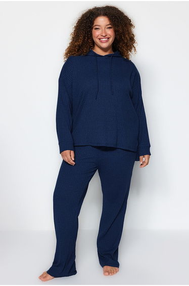 Navy Blue Hooded Collar Relaxed Fit Knitted Camisole Plus Size Top-Bottom Set
