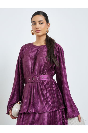Purple Plisse Blouse with Belt