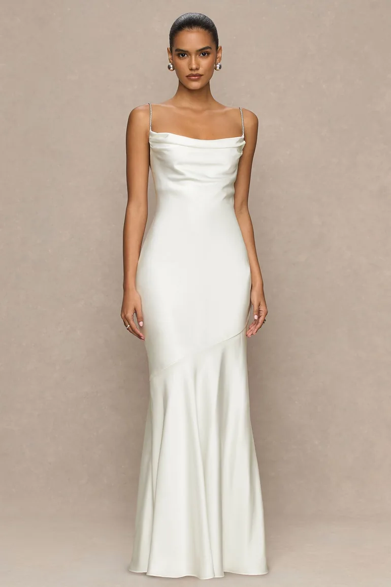 beige cowl neck satin dress High Gloss Satin Cowl Neck Gown - Cream