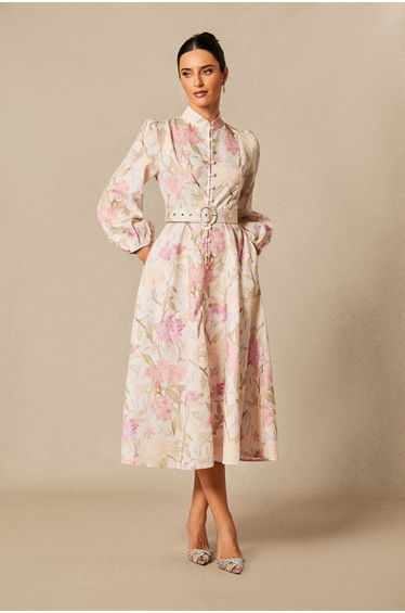 Callie Floral Print Puff Sleeve Midi Dress