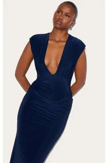 Navy Double Layer Plunge Ruched Shoulder Drape Waist Maxi Dress