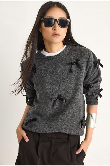 Regular Knit Sweater with Bow Detail- Anthracite