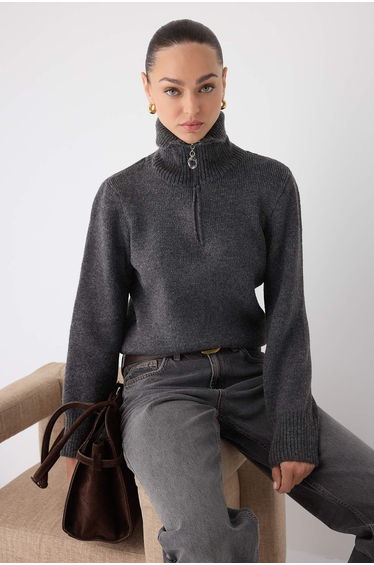 Anthracite Wool Premium Yarn/Special Yarn Zippered Basic Knitwear Sweater