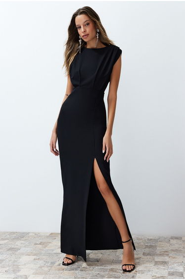 Black Padded Long Woven Evening Dress