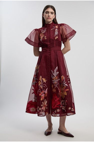 Botanical Embroidery Organdie Angel Sleeve Midi Dress