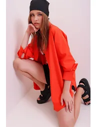 Women's Orange Oversized Long Woven Shirt - 3