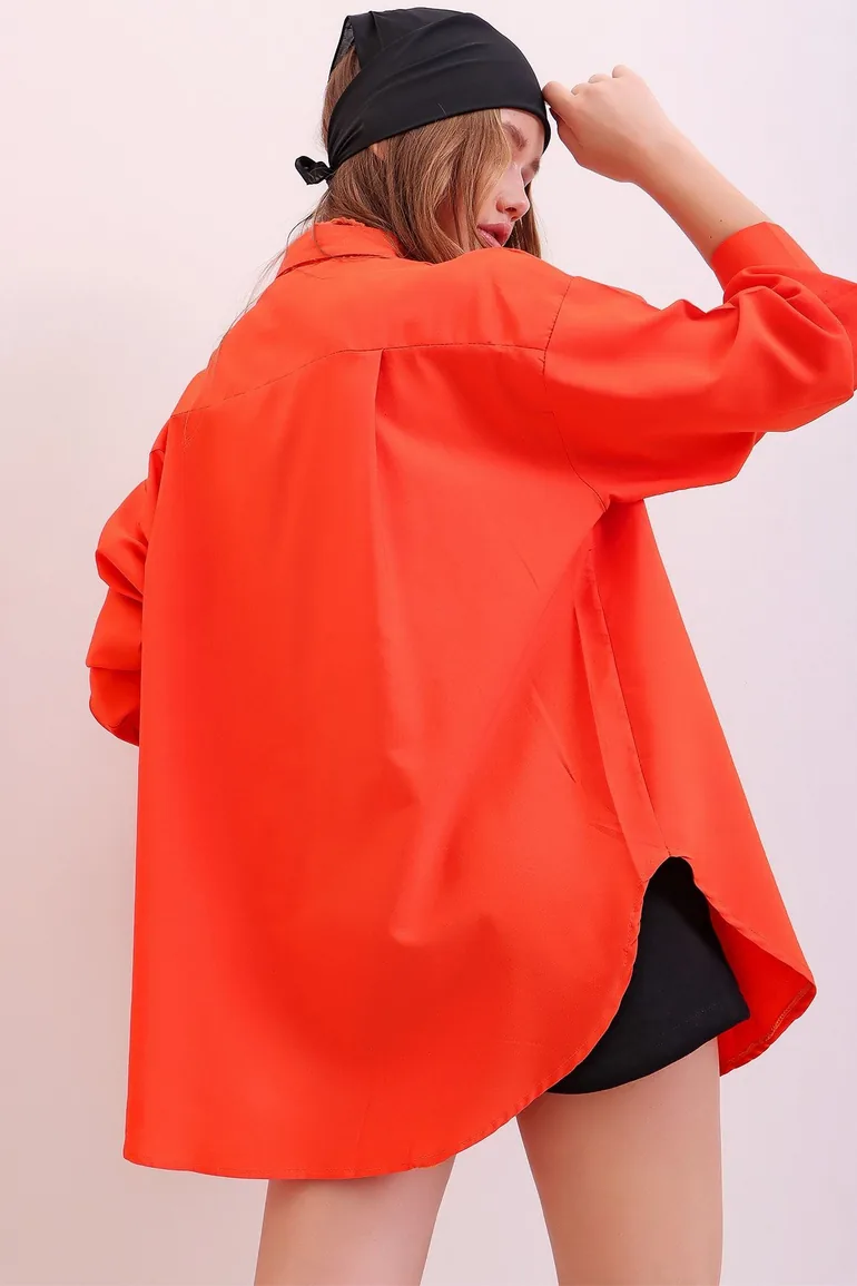 Women's Orange Oversized Long Woven Shirt - 6
