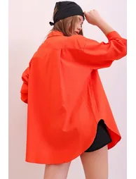 Women's Orange Oversized Long Woven Shirt - 6