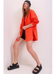 Women's Orange Oversized Long Woven Shirt