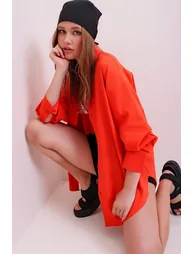 Women's Orange Oversized Long Woven Shirt - 4