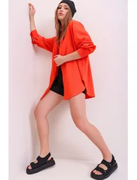 Women's Orange Oversized Long Woven Shirt - 5