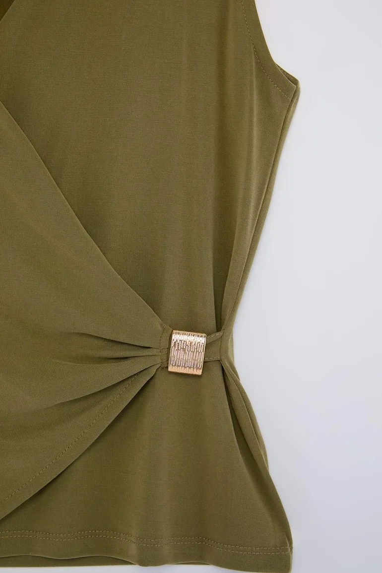 Khaki Double Breasted Sleeveless Tie Detailed Soft Knitted Blouse - 5