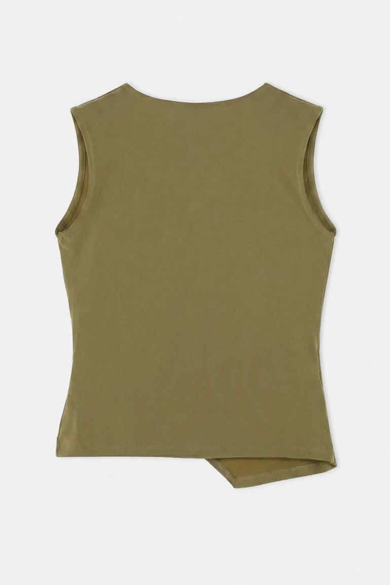 Khaki Double Breasted Sleeveless Tie Detailed Soft Knitted Blouse - 6