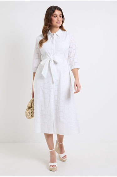 Geo Broderie Tie Front Midi Shirt Dress