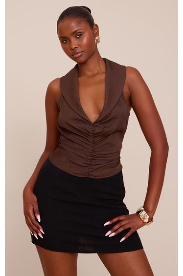 Chocolate Ruched Plunge Front Sleeveless Top