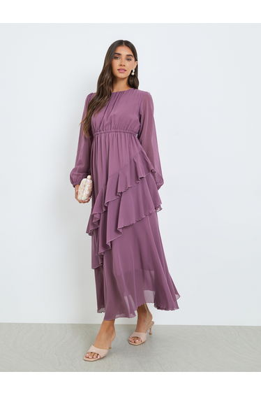 Women Purple Balloon Sleeve Ruffled Detail Maxi Dress