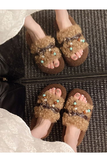 Plush Slides with Beaded Bow