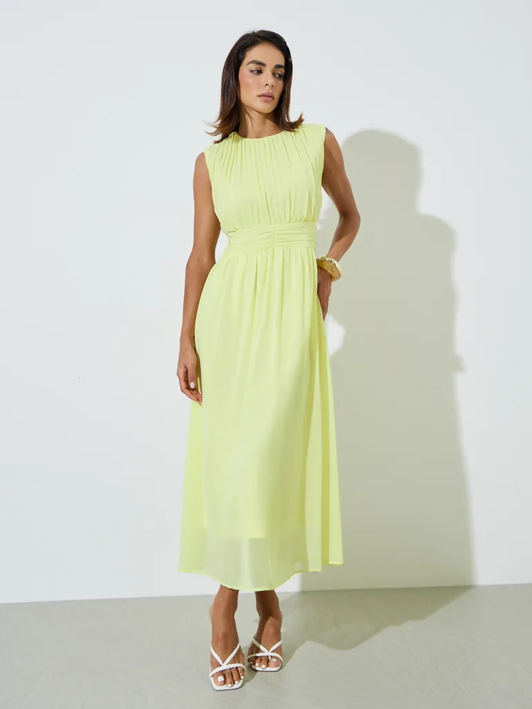 Yellow Sleeveless Pleated A-Line Midi Dress