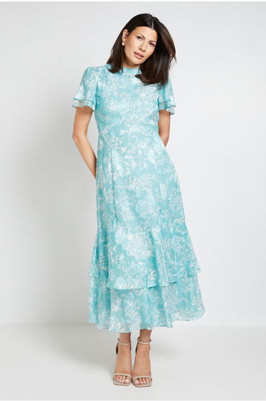 Floral Burn Out Ruffle Midi Dress