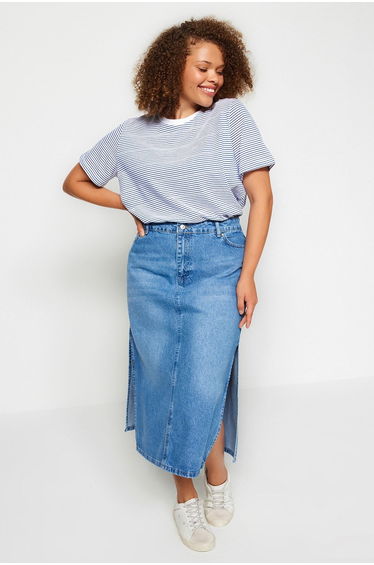 Navy Blue Striped Crew Neck Striped Knitted T-Shirt