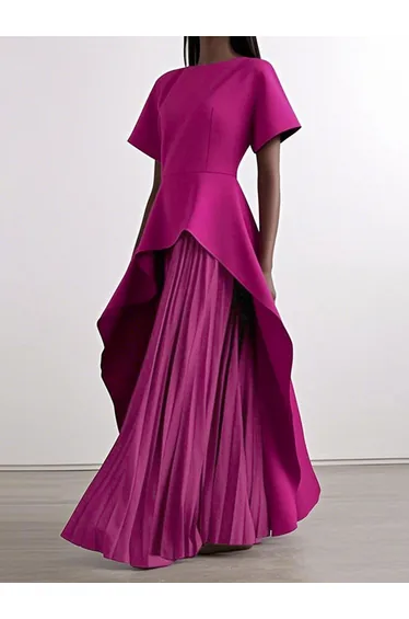 فستان ماكسي بتصميم بشكل A بخصر عالي بكسرات بياقة دائرية بفتحة