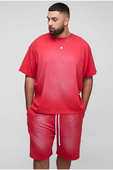Plus OFCL Applique Spray Wash T-Shirt & Oversized Drop crotch Short Set - red