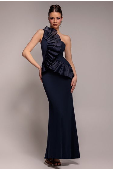 One Shoulder Pleated Fan Maxi Dress - Navy Blue by Goddiva