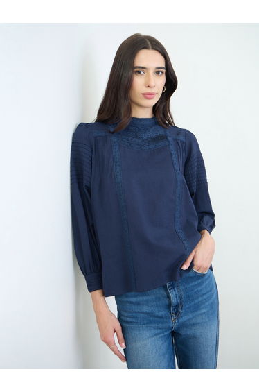 Navy Blue Lace Detail Cotton Blouse