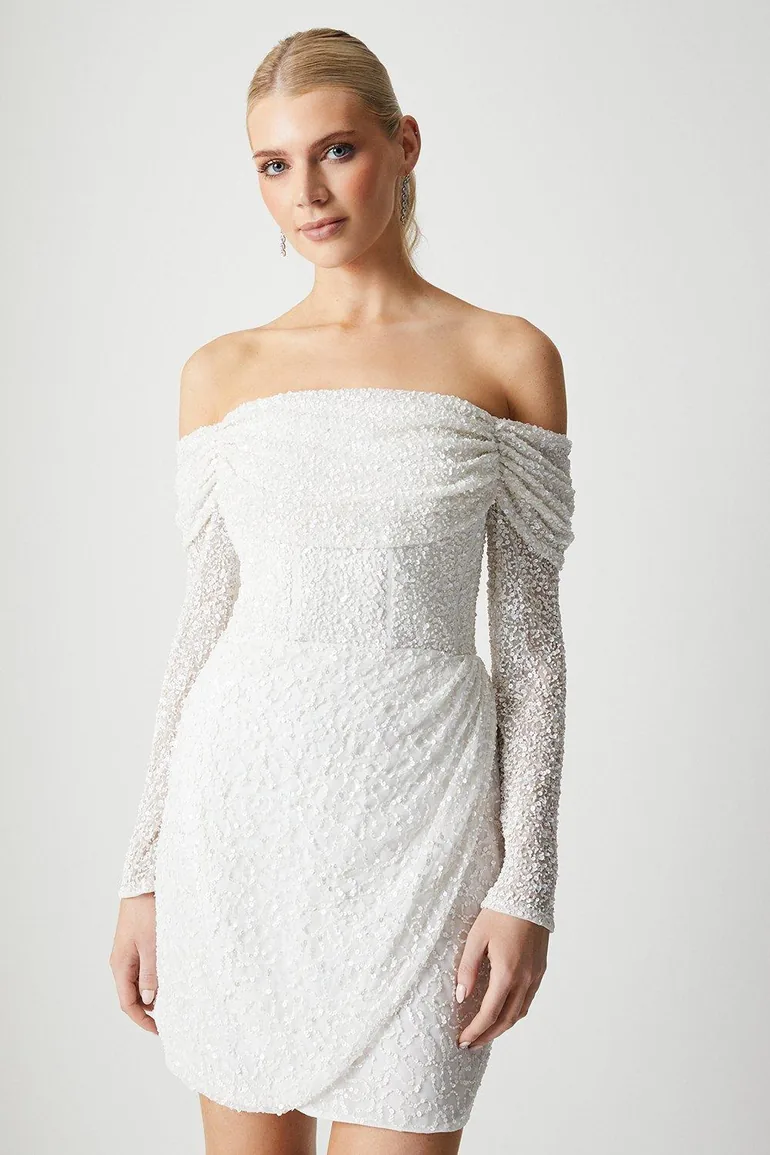 bardot long sleeve wrap skirt mini dress Chocolate PrettyLittleThing Double Layer Slinky Long Sleeve Bardot Mini  Dress