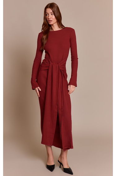 Wine Heavy Brushed Rib Wrap Tie Maxi Dress