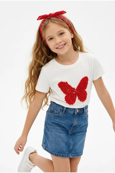 Ecru Girl Child 100% Cotton Butterfly Pattern Regular Pattern Short Sleeve Knitting T-shirt