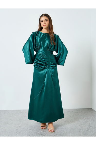 Women Teal Long Sleeves A-Line Maxi Dress