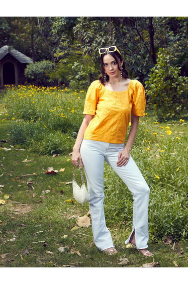 Women Mustard Schiffli Square Neck Smoked Top