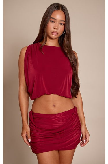 Wine Double Layer Slinky Drape Ruched Cape Top