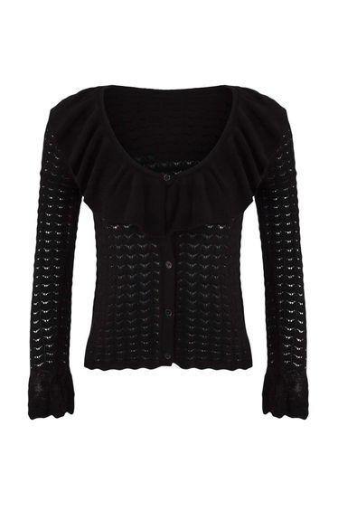 Black Button Detailed Mercerized Look Ruffle Detailed Body-hugging Knitwear Cardigan