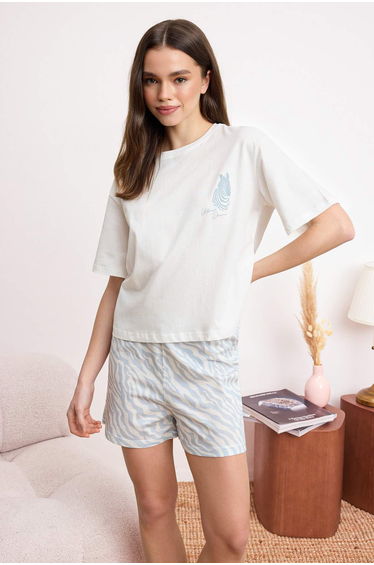 Light Blue 100% Cotton Animal 30/1 Openend Single Jersey Knitted Pajama Set