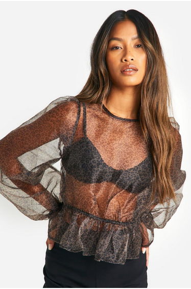 Organza Micro Leopard Print Tie Back Puff Long Sleeve Blouse
