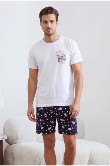 White Regular Fit Popcorn Printed Cotton Pajamas Set