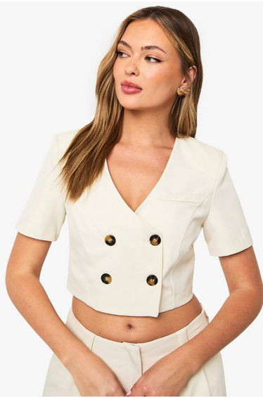 Contrast Button Collarless Cropped Blazer - ivory