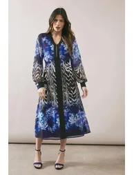 فستان ميدي بسحاب أمامي بحواف بطبعة أزهار