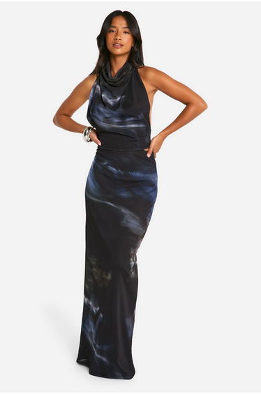 Petite Abstract Print Mesh Cowl Top - black