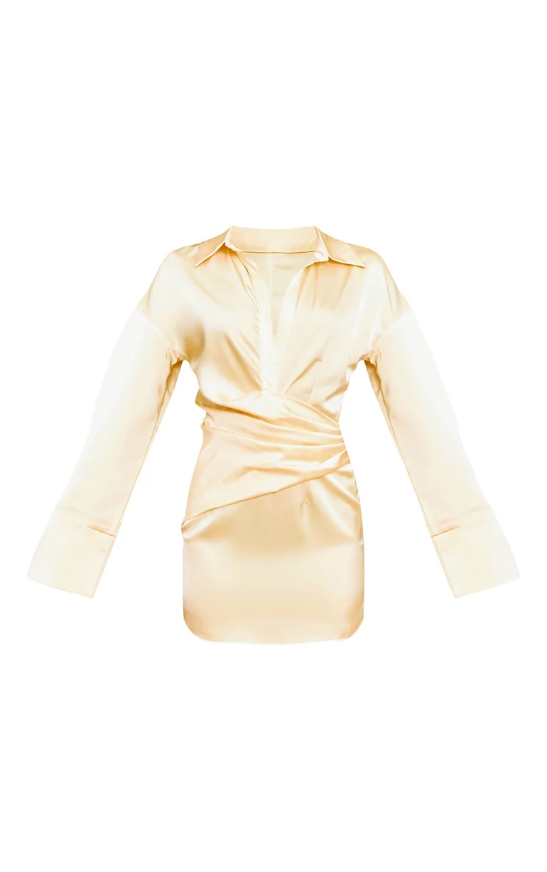 Butter Yellow Premium Satin Bell Sleeve Shirt Dress Prettylittlething  Yellow : Holiday Dresses : VogaCloset Oman